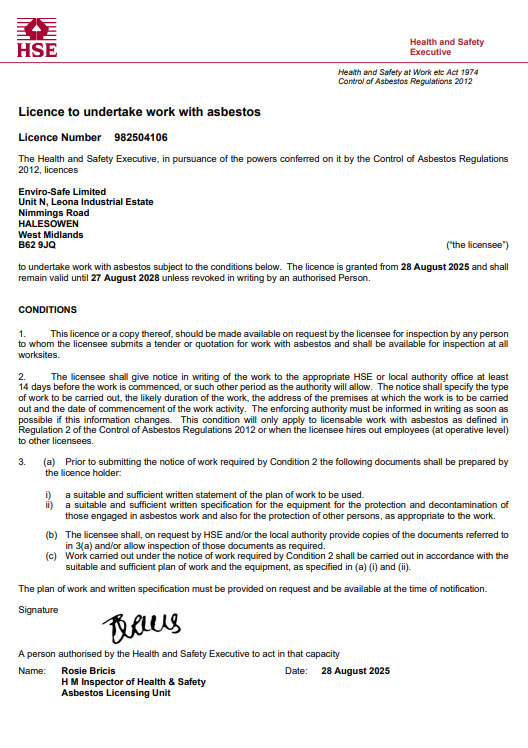 License to undertake work with asbestos